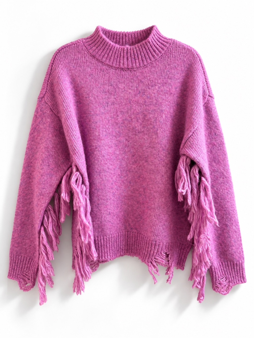 Chelsea & Violet Pink Lavender Distressed Fringe Sleeve Cozy Sweater M. NWT